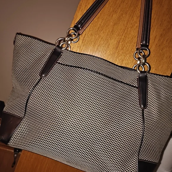 Coach Black and White Signature Tote with Brown Leather Handles - Picture 2 of 4